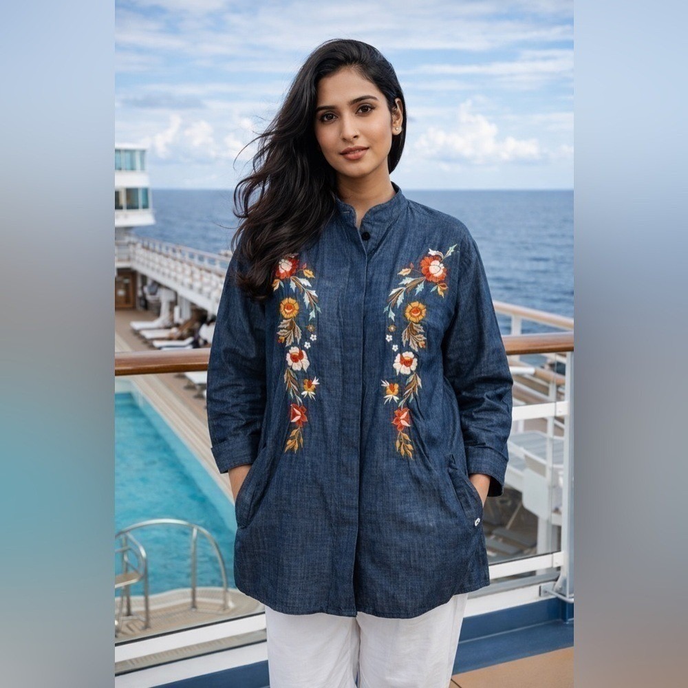 eShakti XL Embroidered Chambray Jacket Shirt Floral Tunic Top